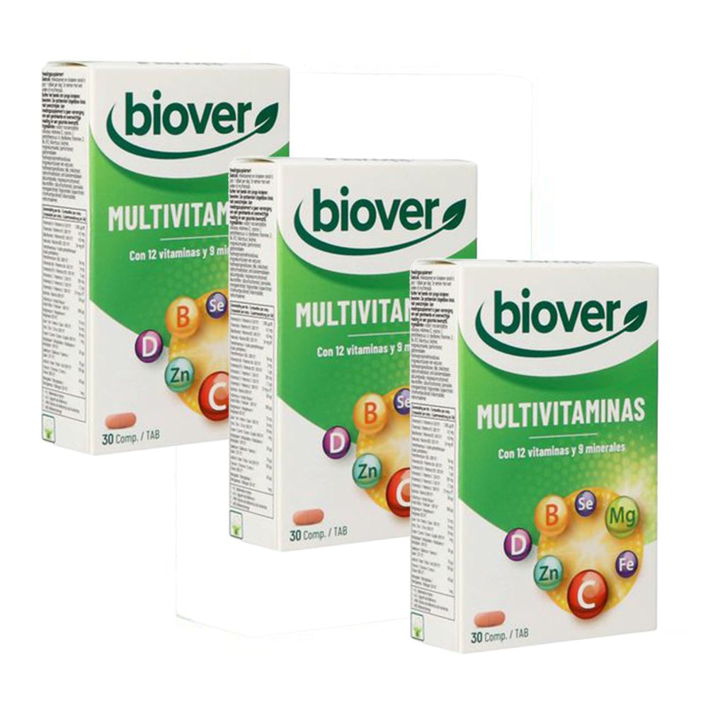 Trois boîtes de Biover Multivitamine. Inscription : Multivitamine, 12 vitamines et 8 minéraux. Chaque boîte contient 30 comprimés.
