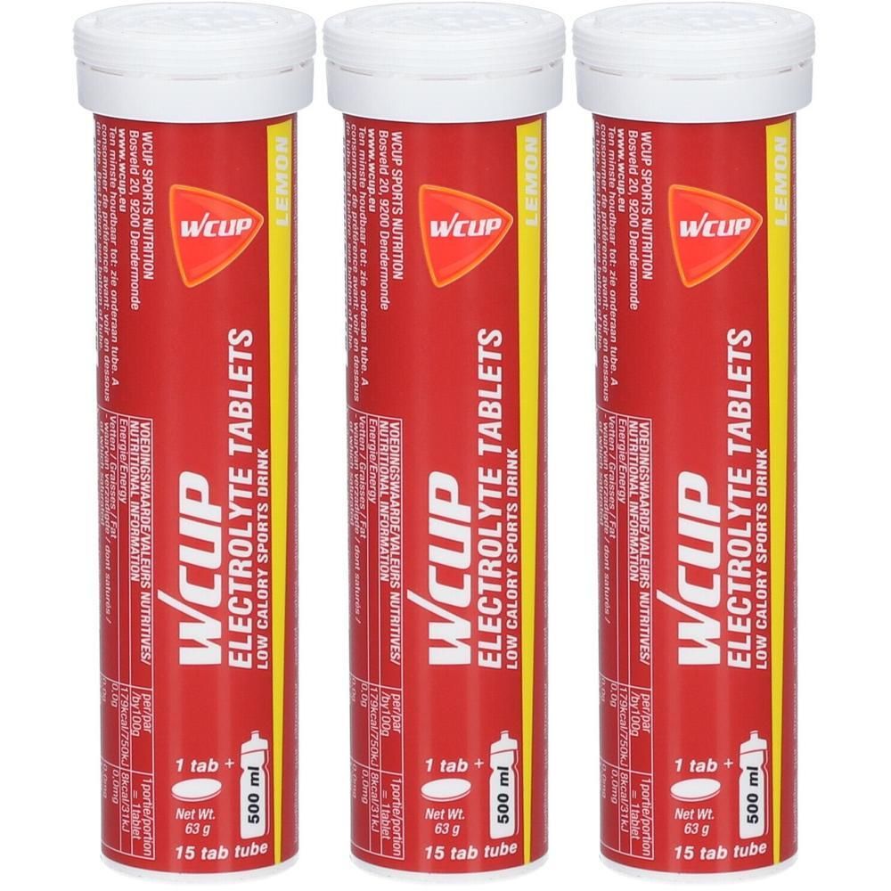 Drie rode buizen met witte deksels. Opschrift: WCUP Electrolyte Tablets. Gele strook met "Lemon".