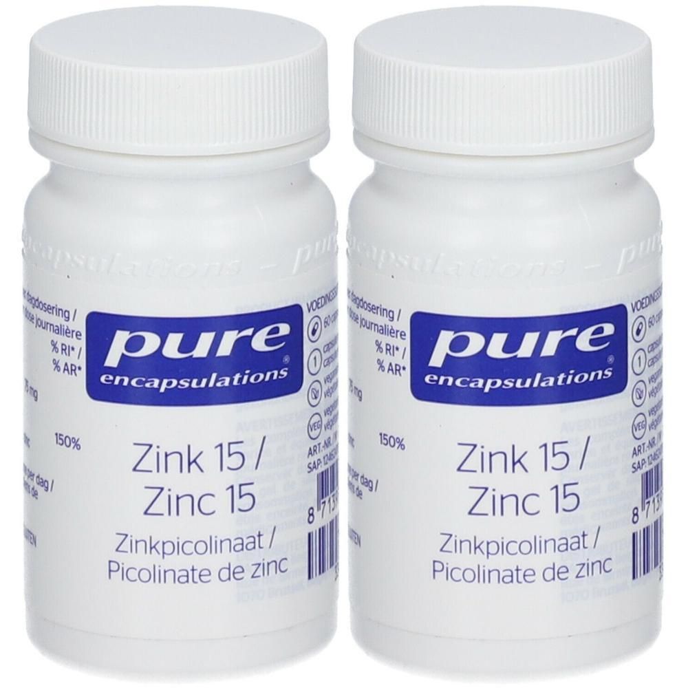 Deux flacons blancs Pure Encapsulations Zinc 15. Étiquettes bleues avec nom et ingrédients du produit.