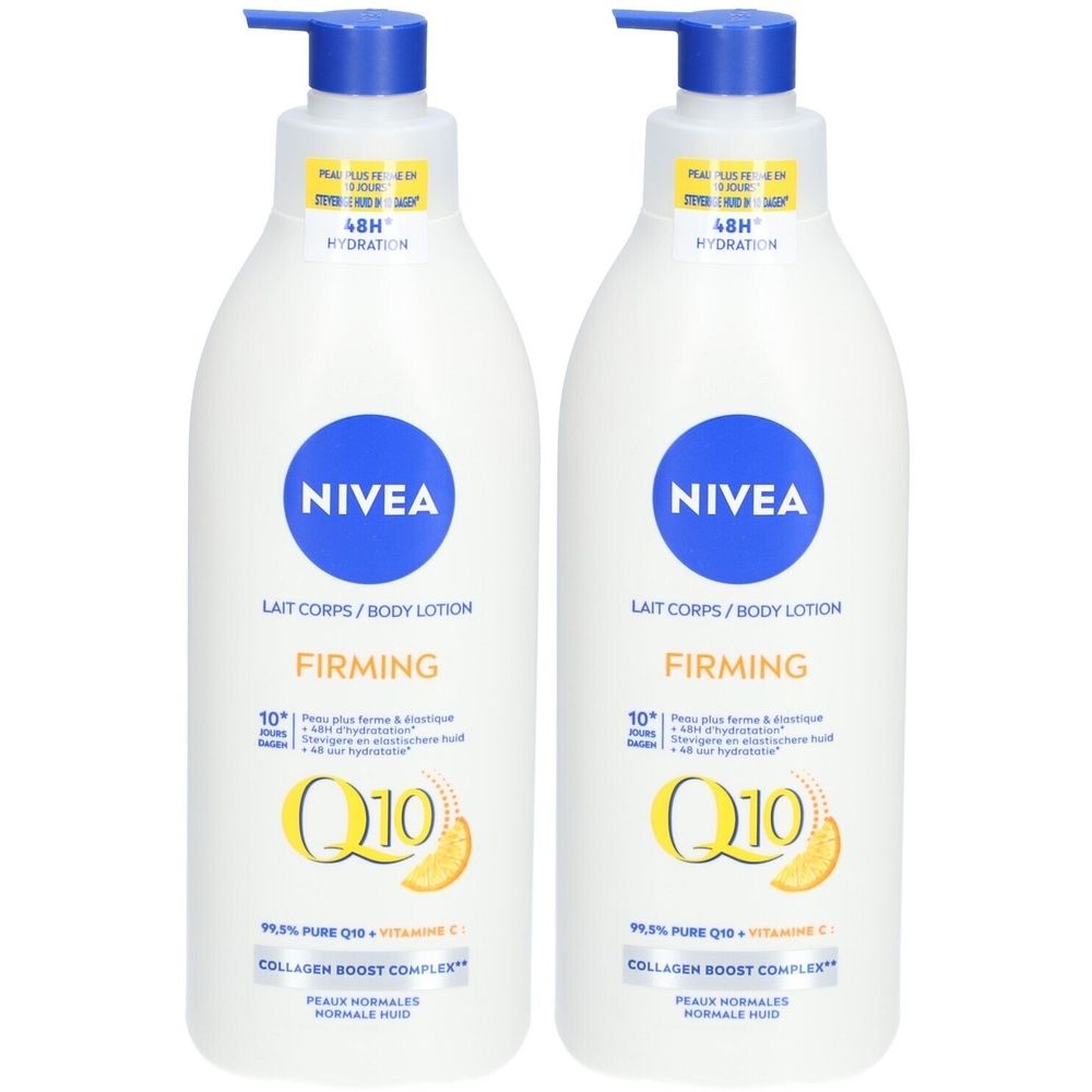 Twee witte flessen met blauwe pomp. Opschrift NIVEA, Lait Corps/Body Lotion, Firming, Q10. Gele stickers.