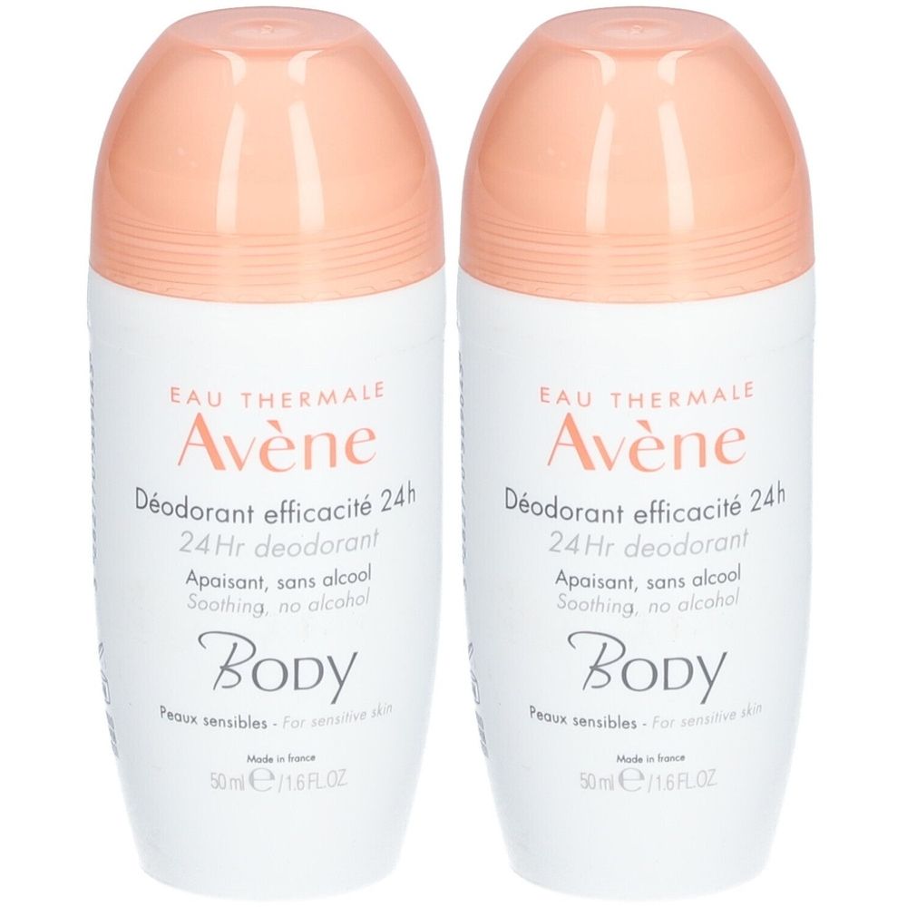Twee roll-on deodorants. Witte flacon met perzikkleurige dop. Opschrift: Avène, Déodorant efficacité 24h, Body. Voor gevoelige huid.
