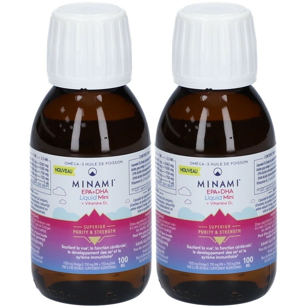 Twee bruinglazen flessen met witte doppen. Opschrift: MINAMI EPA+DHA Liquid Mini. Bevat vitamine D.
