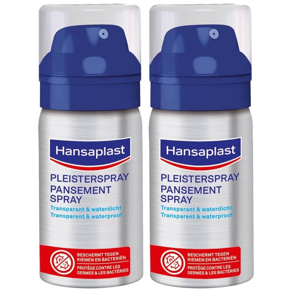 Deux sprays Hansaplast. Bouchon bleu. Inscription: Pleisterspray, transparent & waterproof. Bande rouge avec texte et symbole.