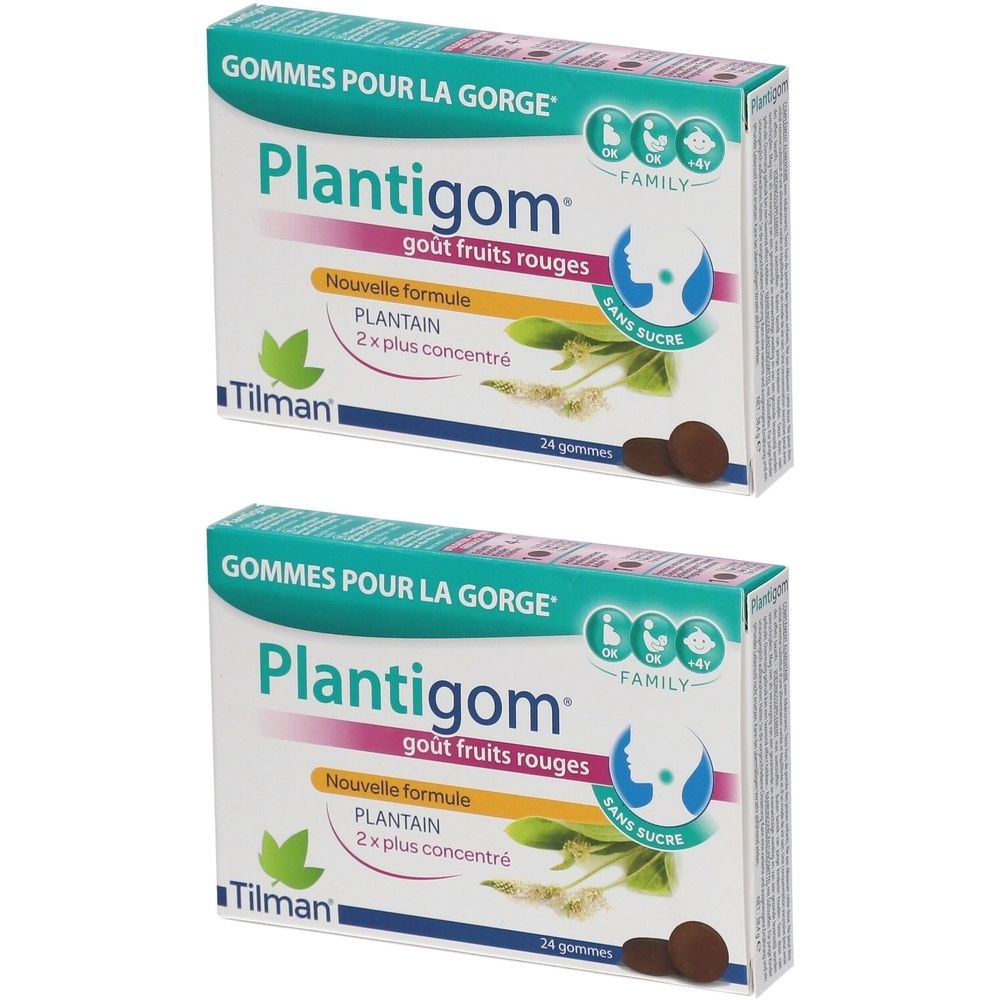 Deux boîtes de Plantigom goût fruits rouges. Inscription : Nouvelle formule, Plantain, sans sucre. Marque : Tilman. Contient 24 gommes.