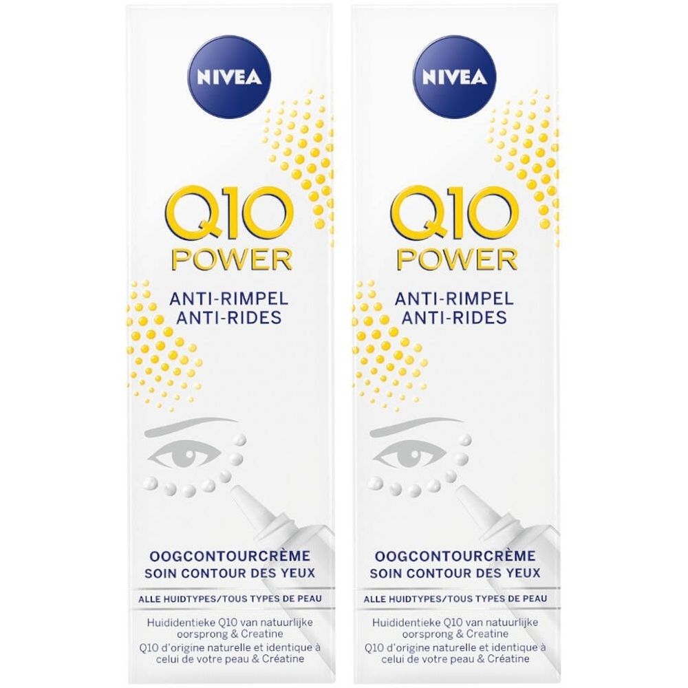 Twee tubes Nivea Q10 Power Anti-Rides Soin Contour des Yeux. Wit ontwerp met blauwe dop, gele tekst en oogillustratie.