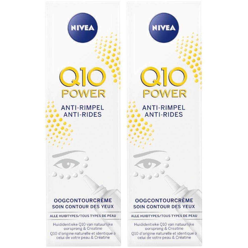 Twee tubes NIVEA Q10 Power oogcrème. Witte tubes met blauwe en gele logo's. Tekst: Q10 Power, Anti-rimpel, Oogcontourcrème.