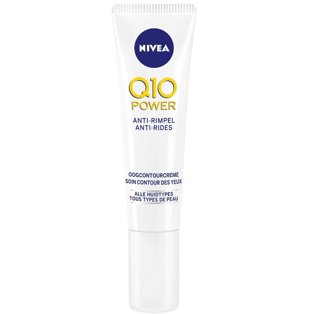 Een tube NIVEA Q10 Power oogcrème. Witte tube met blauw en geel logo. Tekst: Q10 Power, Anti-rimpel, Oogcontourcrème.