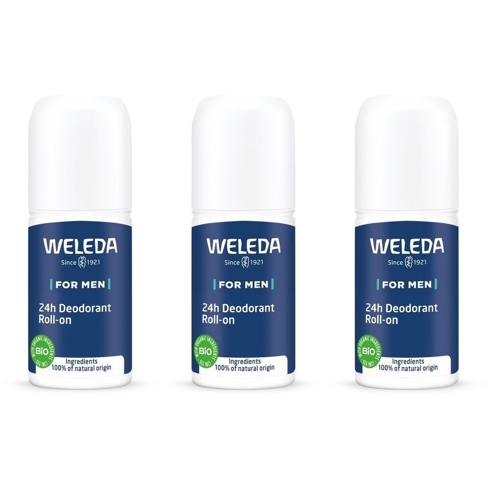 Trois déodorants roll-on avec bouchon blanc et étiquette bleue. Inscription : WELEDA, FOR MEN, 24h Déodorant Roll-on. Label Bio.