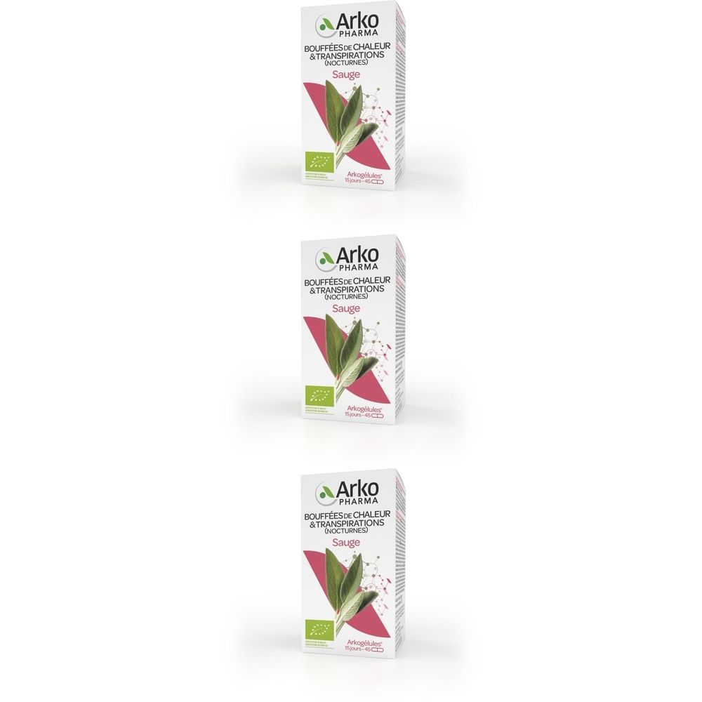 Trois boîtes Arkogelules Sauge Bio, logo et nom du produit. Label bio. Graphique rouge et vert.