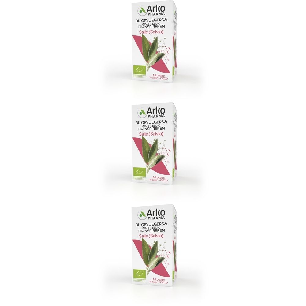 Drie dozen Arkogelules Salie Bio, met logo en productnaam. Biologisch label. Rode en groene afbeelding.