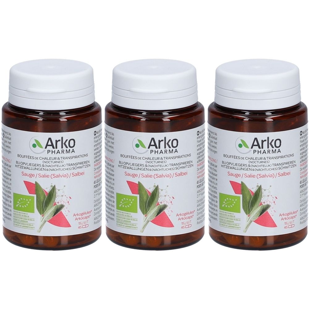 Drie bruine flessen met witte doppen. Labels met logo en tekst. Bio-certificering. Capsules.