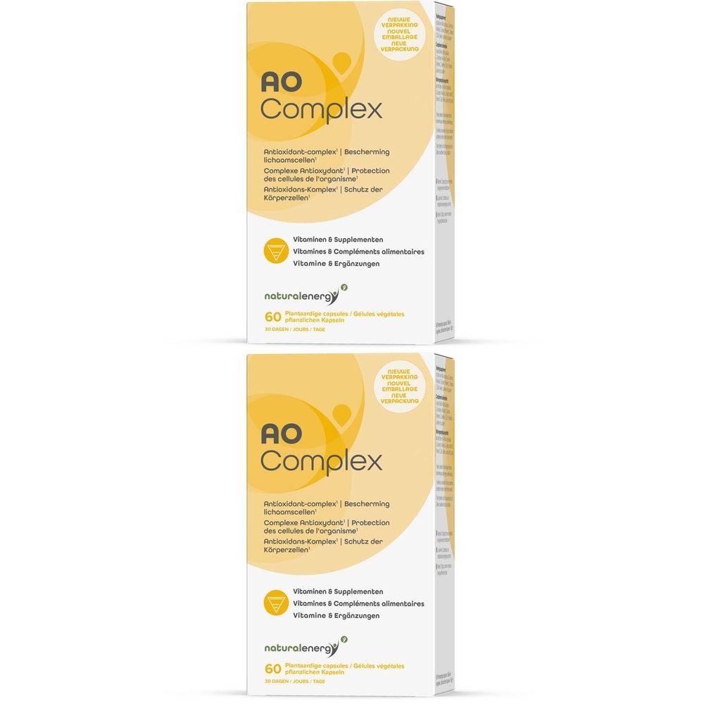 Deux boîtes de "AO Complex". Contient des vitamines et suppléments. Inscription "naturalenergy" et "60".