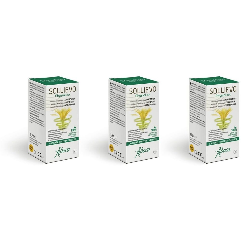 Drie dozen met de productnaam SOLLIEVO PhysioLax. Elke doos heeft een groen logo en tekst.