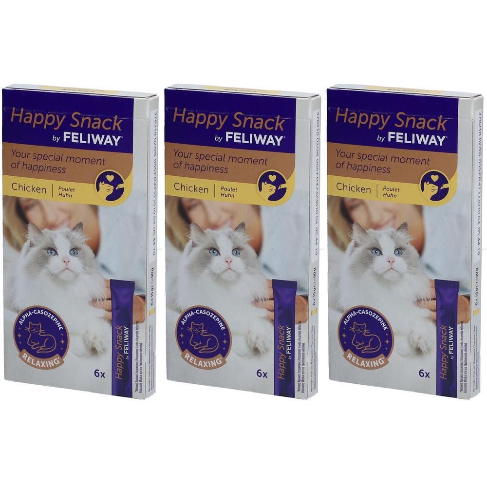 Trois boîtes de FELIWAY Happy Snack Poulet. Inscription: Happy Snack, FELIWAY, Chicken, 6x. Image d'un chat.
