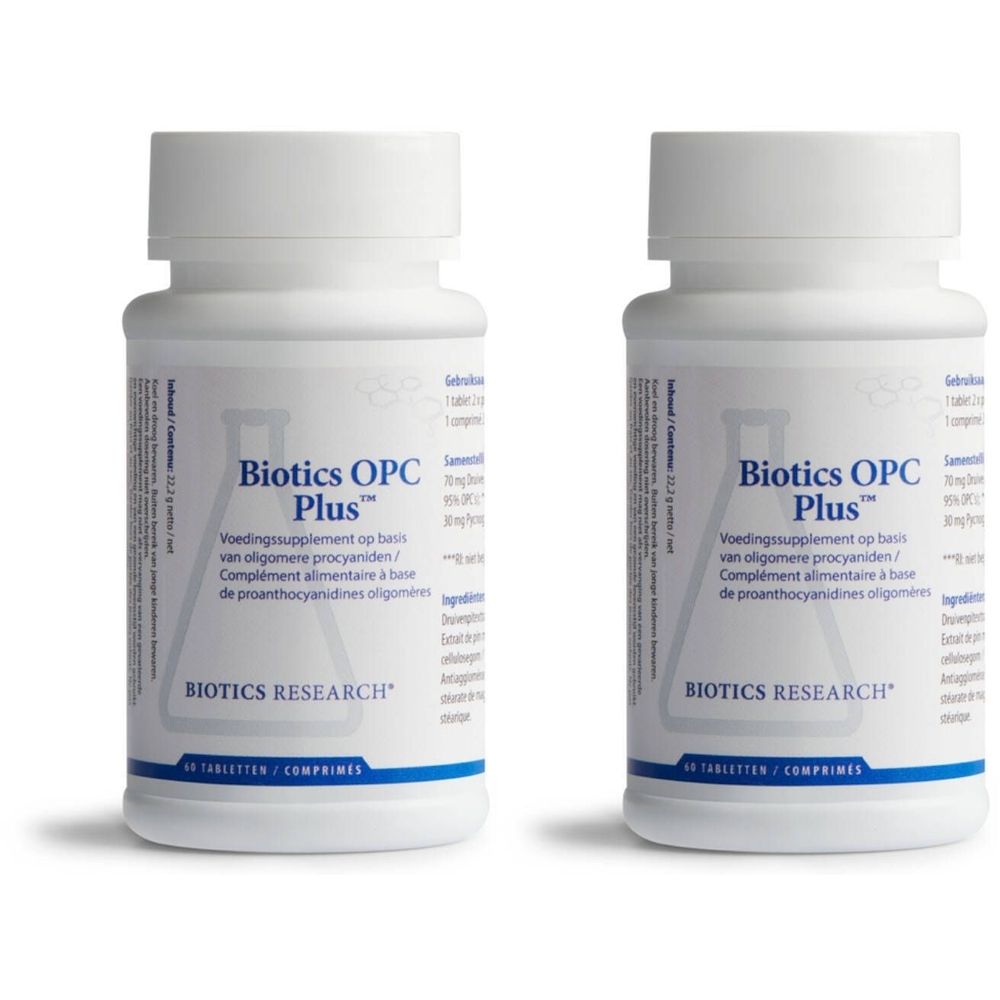 Deux flacons blancs de "Biotics OPC Plus". Étiquette multilingue. Contient 60 comprimés.