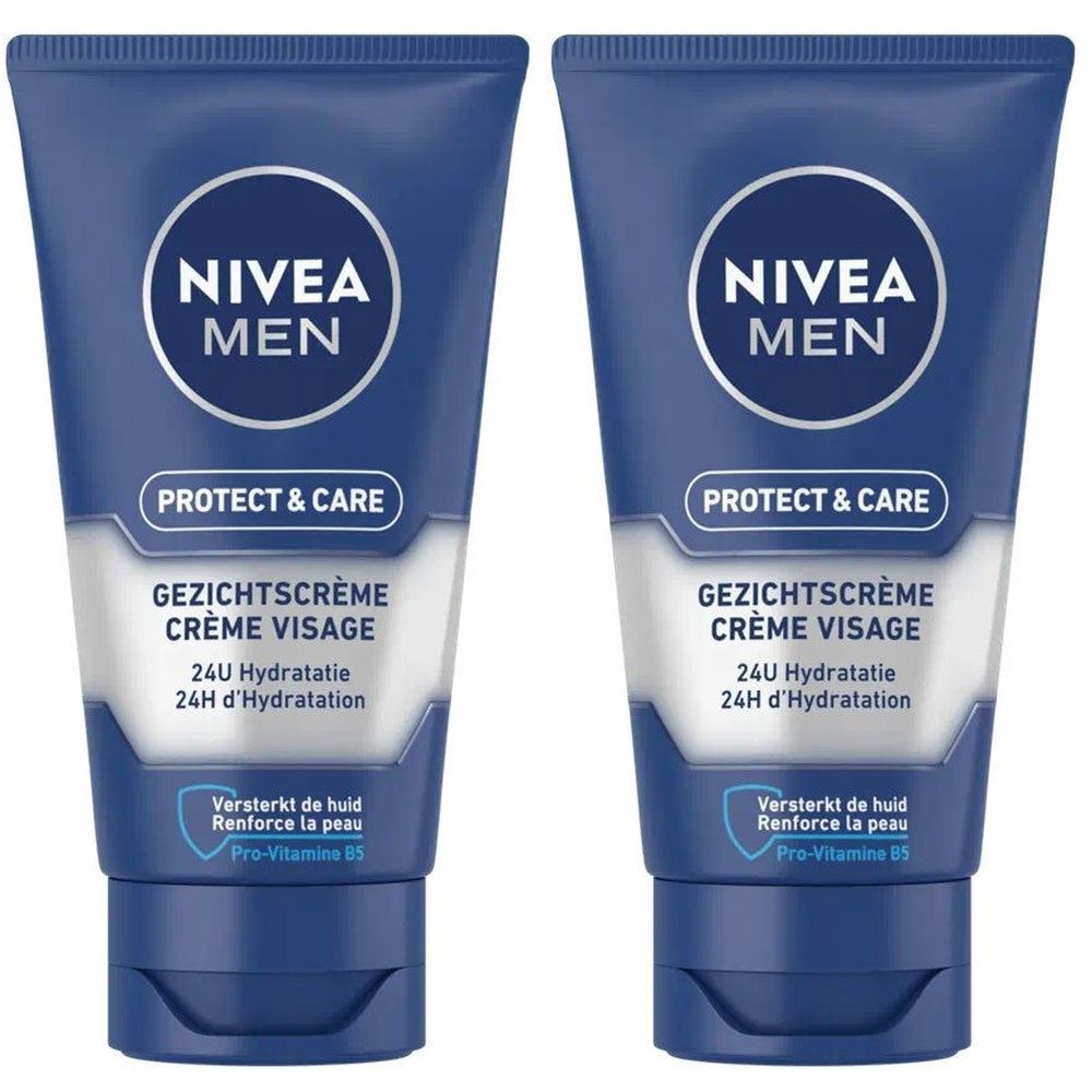 Deux tubes bleus avec cercle blanc et texte NIVEA MEN. Texte: Protect & Care, Crème Visage, 24H d'Hydratation. Pro-Vitamine B5.