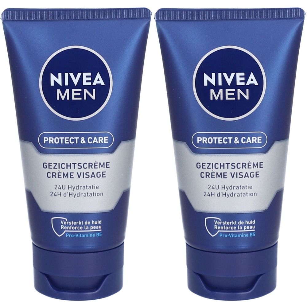 Twee blauwe tubes NIVEA MEN Protect & Care gezichtscrème. Opschrift: 24H Hydratation, Pro-Vitamine B5.