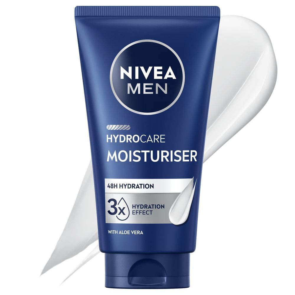 Blauwe tube NIVEA MEN Hydrocare Moisturiser. Opschrift: 48H hydratatie, 3x Hydratation Effect. Met Aloë Vera.