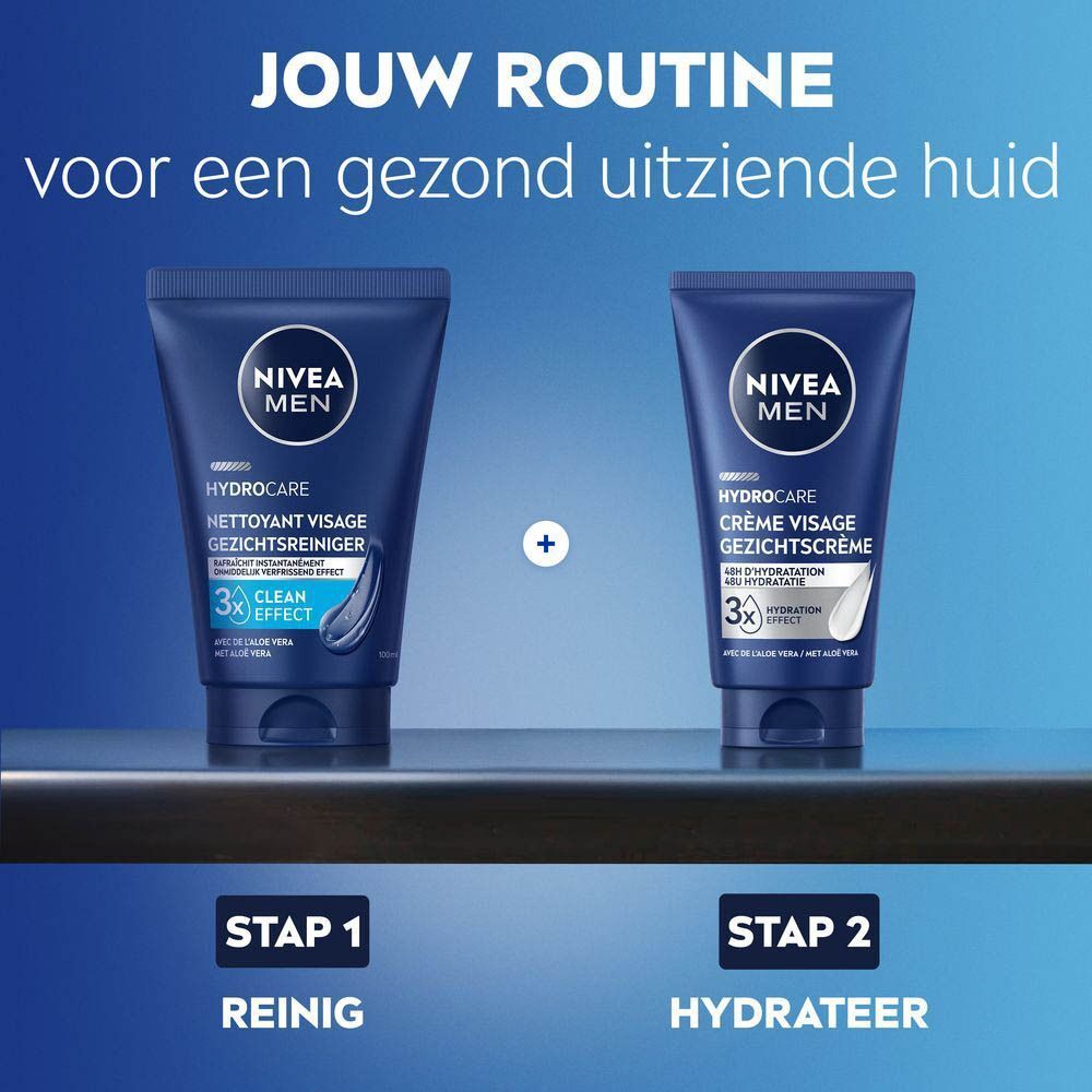 Blauwe doos NIVEA MEN gezichtscrème. Opschrift: PROTECT & CARE, 24H hydratatie. Pro-Vitamine B5.