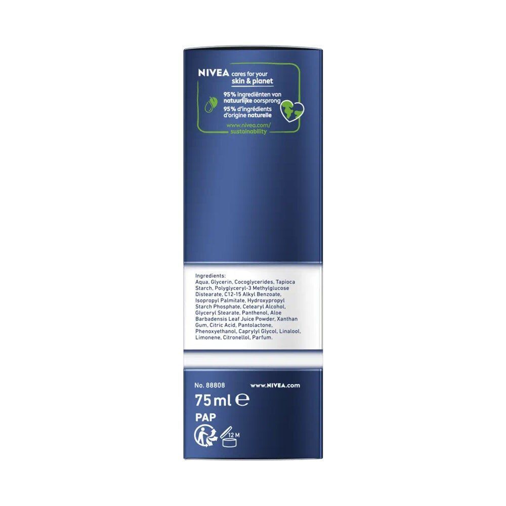 Dos de la boîte avec ingrédients, volume 75ml et coordonnées. Éco-labels.