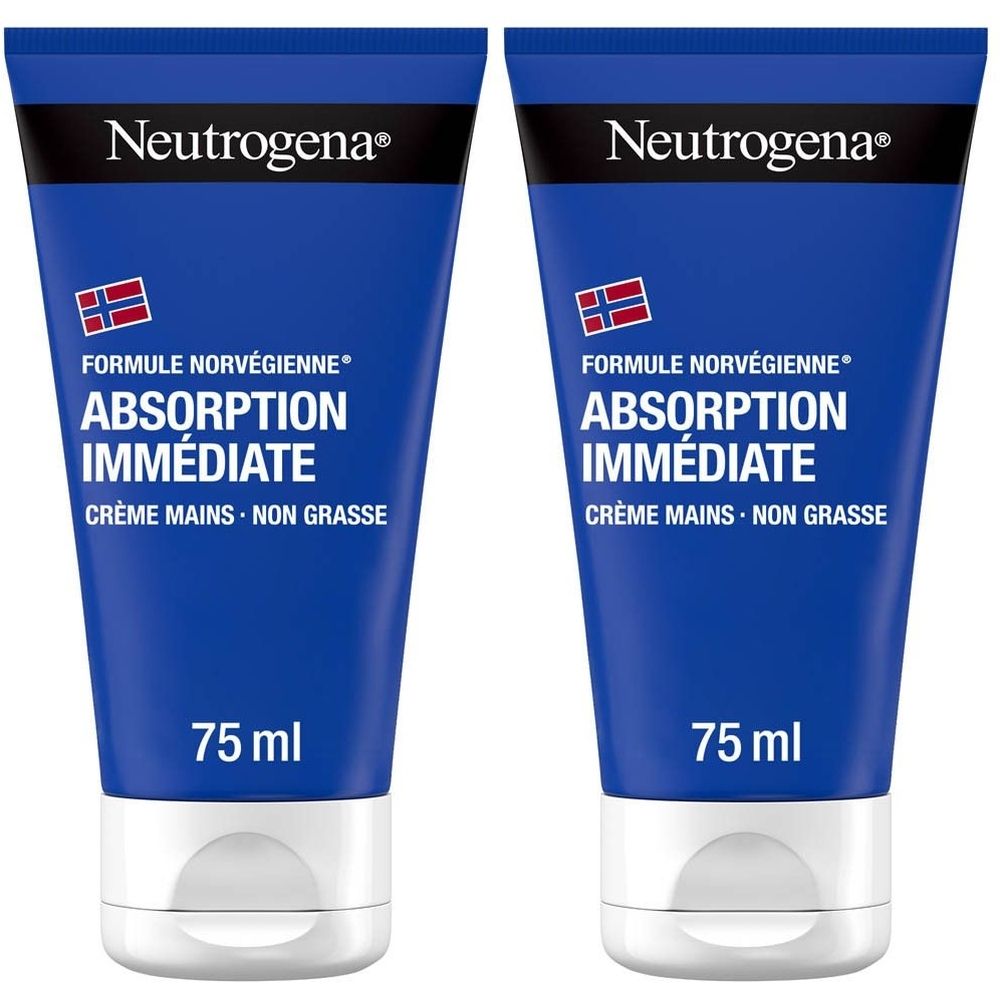 Deux tubes bleus de crème pour les mains. Neutrogena® en haut. Formule Norvégienne, Absorption Immédiate, Crème Mains - Non Grasse, 75 ml.
