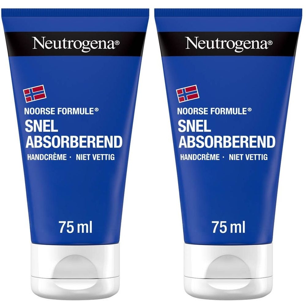 Twee blauwe tubes handcrème. Bovenin Neutrogena®. Noorse Formule, Snel Absorberend, Handcrème - Niet Vettig, 75 ml.