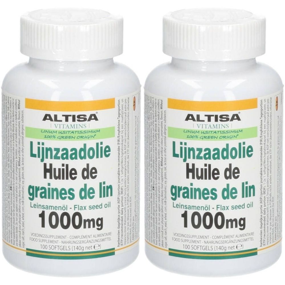 Twee witte flessen met ALTISA-etiketten. Opschrift: Lijnzaadolie, Huile de graines de lin, Leinsamenöl, 1000mg. Capsules.