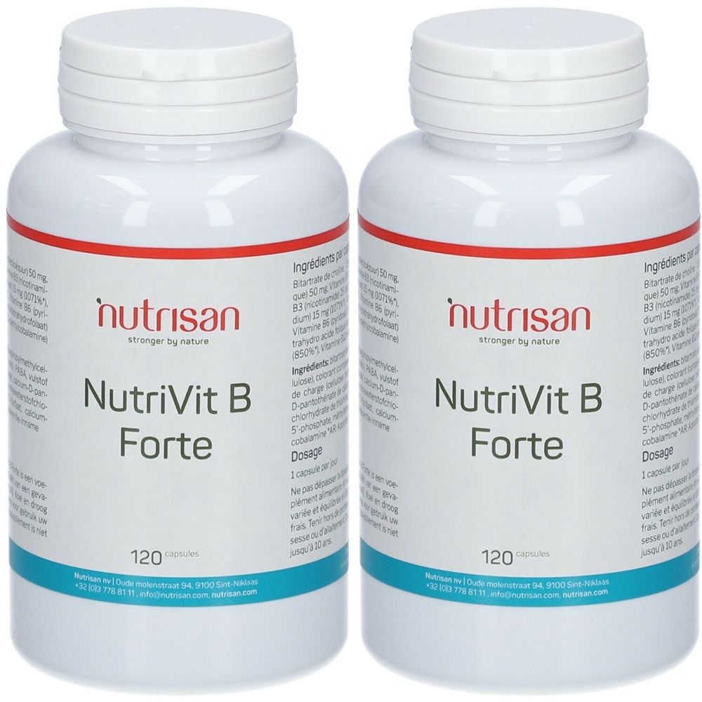 Twee witte flessen met rode tekst. Opschrift: NutriVit B Forte. 120 capsules. Merk: Nutrisan.