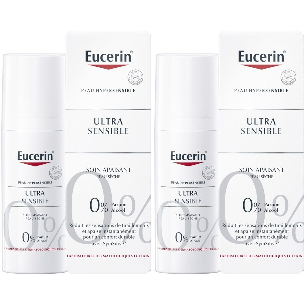 Flacons et étuis blancs. Logo Eucerin. Texte: Ultra Sensible, Soin Apaisant, 0% Parfum, 0% Alcool. Vue rapprochée.