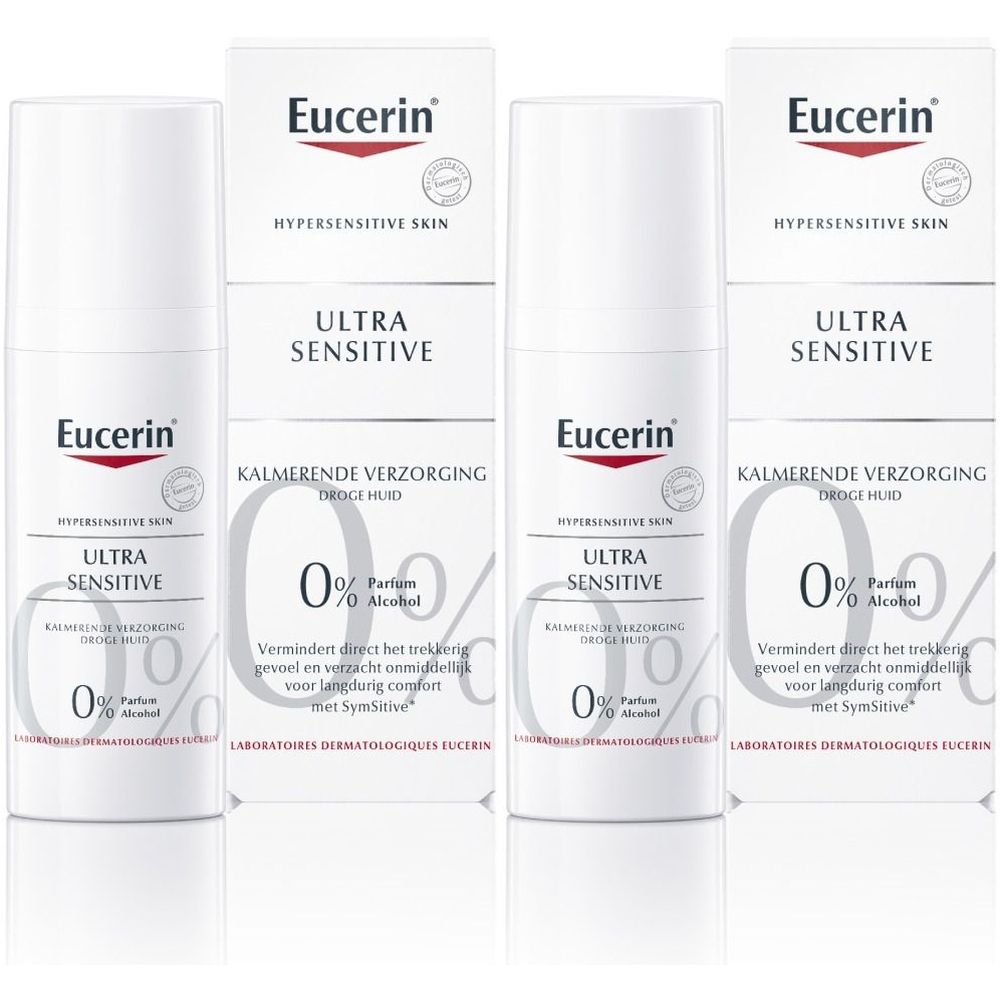 Witte flessen en dozen. Eucerin-logo. Tekst: Ultra Sensitive, Kalmerende Verzorging, 0% Parfum, 0% Alcohol. Close-up.