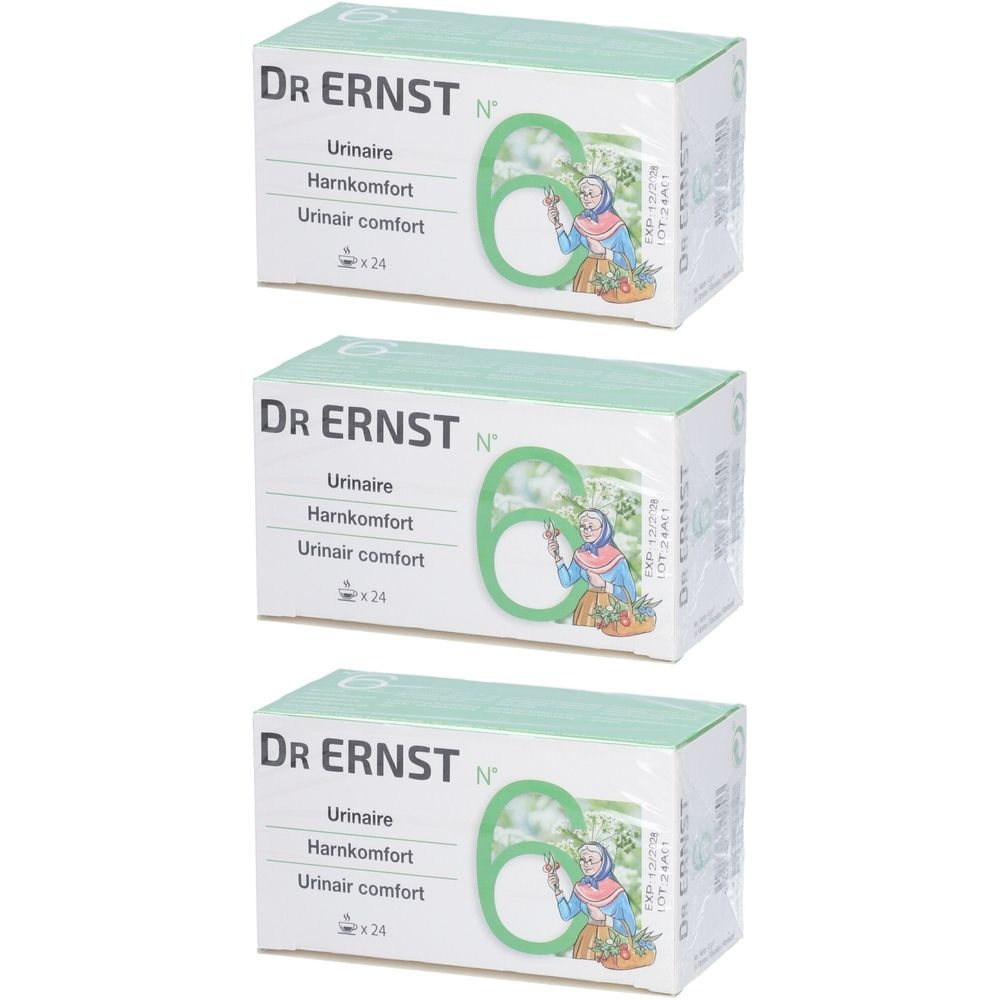 Drie dozen Dr. Ernst N°6. Opschrift: Urinaire, Harnkomfort, Urinair comfort. Elke doos bevat x24.