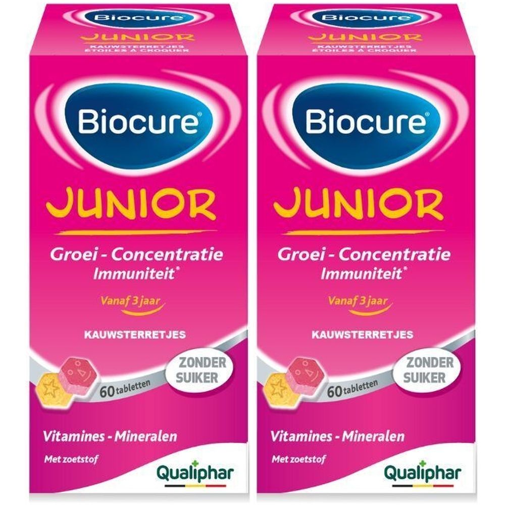 Twee dozen Biocure Junior. Roze verpakking met naam en info. Bevat tabletten.