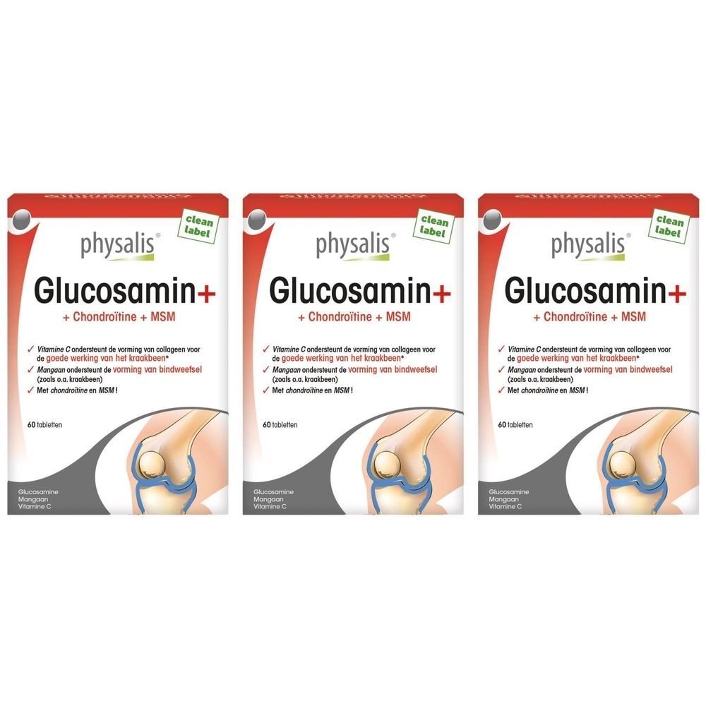 Drie verpakkingen Physalis Glucosamine+ met rood en wit design. Opschrift: Glucosamine+, Chondroïtine+ MSM, 60 tabletten.