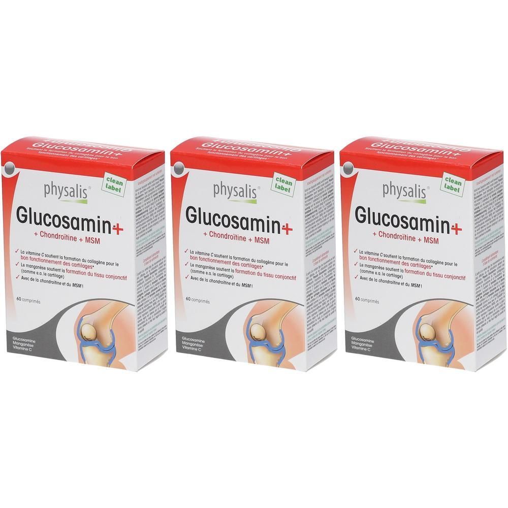 Drie dozen met rode en witte tekst. Opschrift: physalis Glucosamine+, Chondroïtine + MSM. Illustratie van een kniegewricht.