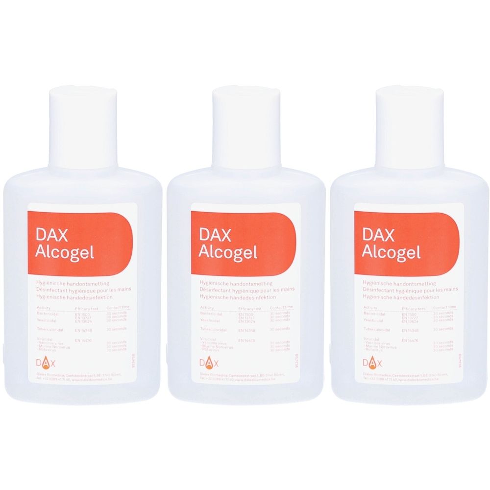 Drie flessen met witte doppen en labels met "DAX Alcogel".