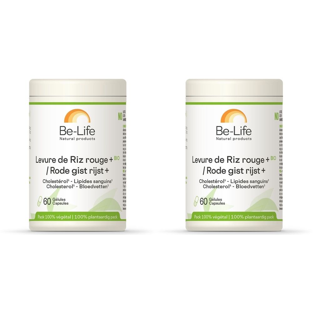 Twee witte potten met "Be-Life Levure de Riz rouge +". Opschrift: 60 capsules. Groen-oranje design.