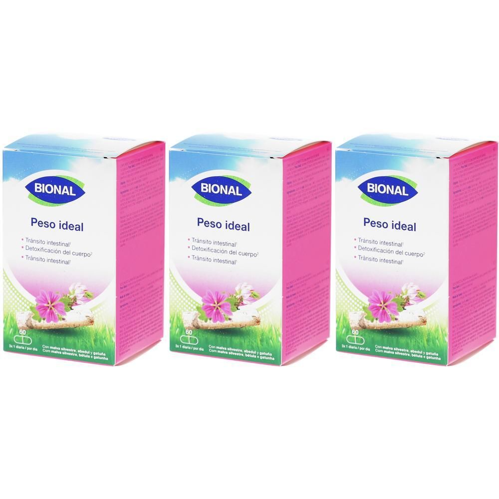 Drie roze dozen met BIONAL-logo en productnaam. Opschrift: Peso ideal, darmtransit, detoxificatie.