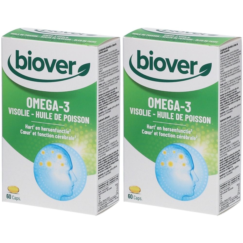 Deux boîtes de compléments alimentaires Omega-3. Inscription : biover, Omega-3, huile de poisson. 60 gélules.