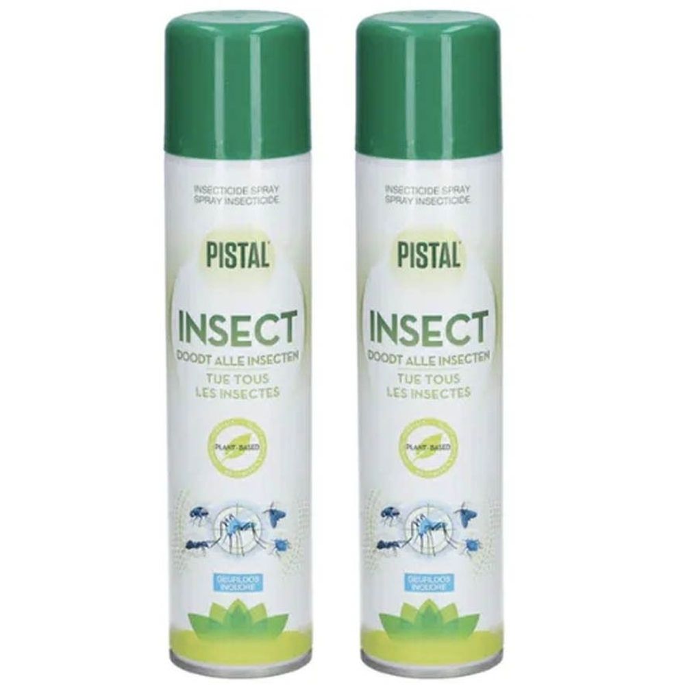 Twee sprays met groene dop. Opschrift PISTAL INSECT. Doodt alle insecten. Op basis van planten.