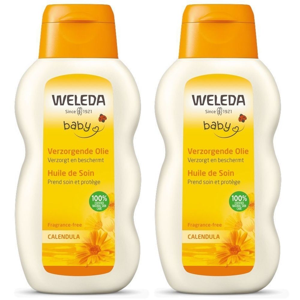 Deux flacons d'huile de soin Weleda Baby. Bouchon jaune, flacon blanc avec étiquette jaune. Texte: Calendula, sans parfum.