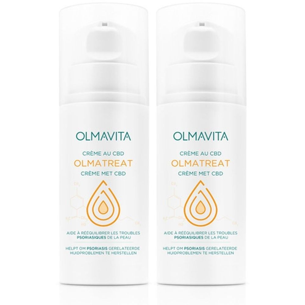 Twee witte crèmeflacons met pomp. Opschrift: OLMAVITA, OLMATREAT, Crème au CBD. Tekst in het Frans en Nederlands.