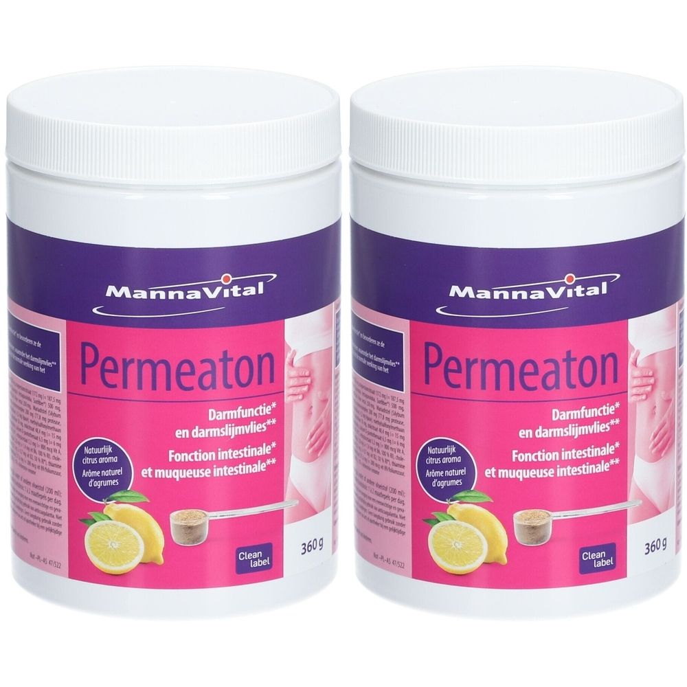 Twee witte potten met paarse en roze etiketten. De etiketten tonen "MannaVital Permeaton" en informatie over de darmfunctie. Afbeelding van citroenen.