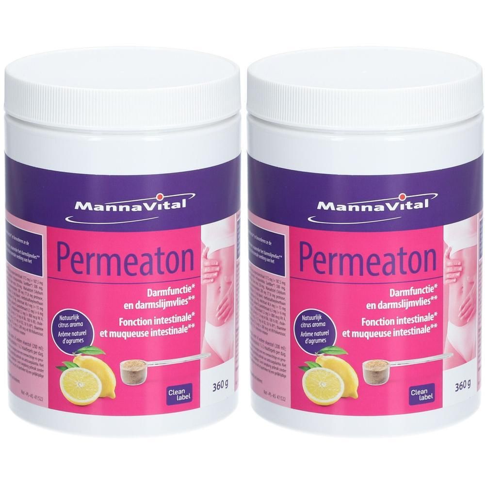 Twee witte potten met paarse etiketten. Opschrift: Mannavital Permeaton. Met afbeelding van citroen en kruiden. 360g.