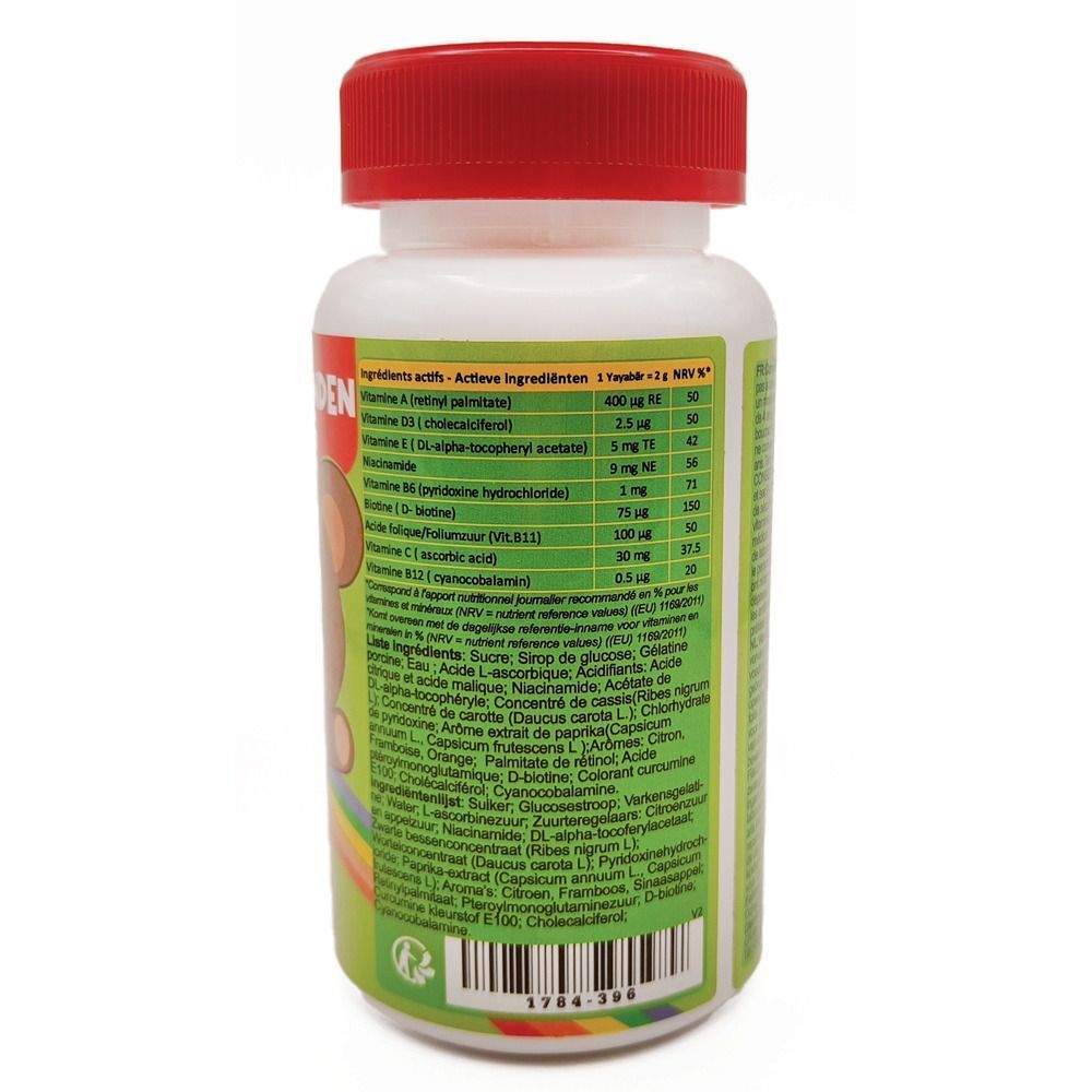 Achterkant van een fles YaYaBären® Kindervitamine. Witte fles met rode deksel. Tekst met ingrediënten.