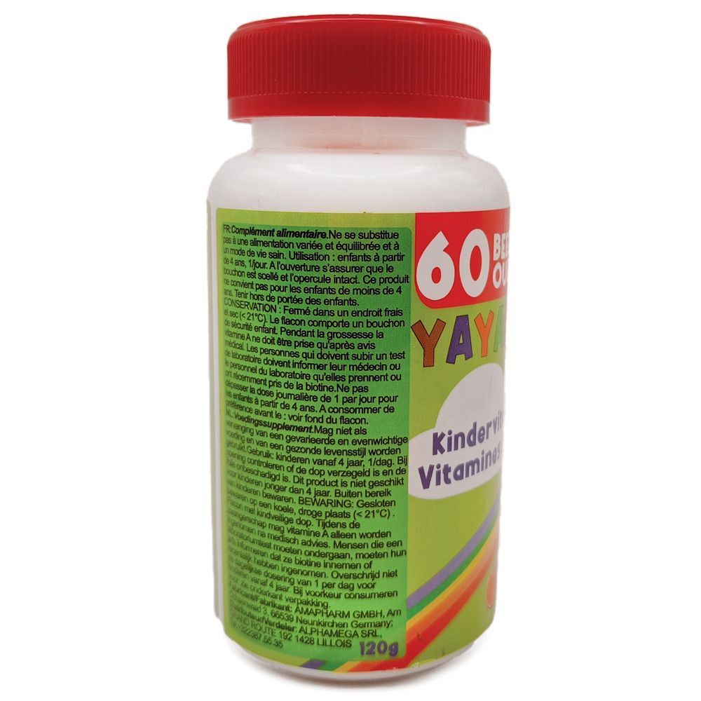 Fles YaYaBären® Kindervitamine. Witte fles met rode deksel. Tekst met productinformatie.