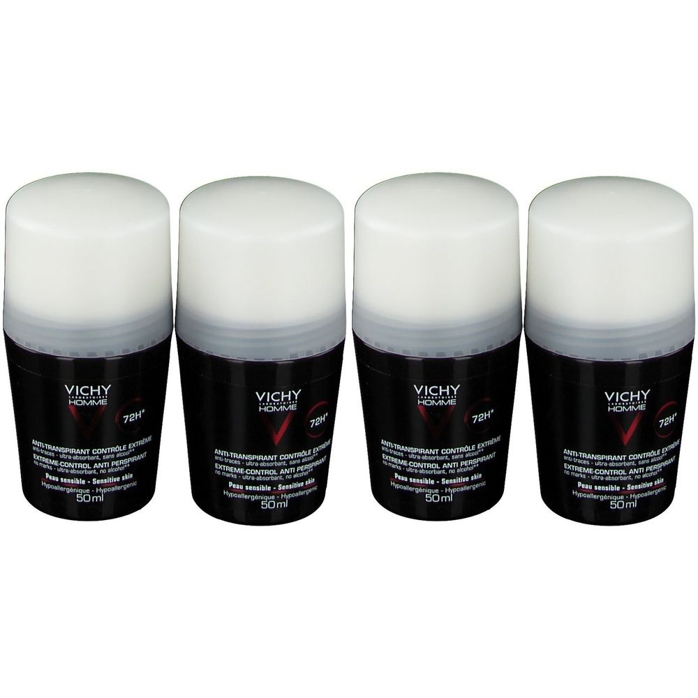 Vier deodorant roll-ons. Zwarte flacons met witte doppen. Opschrift: Vichy Homme, 72H, anti-transpirant.