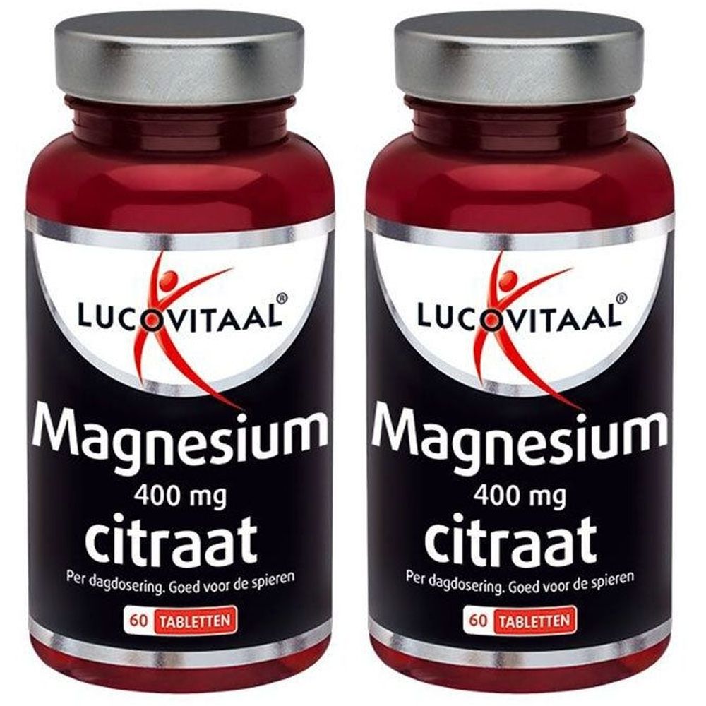 Deux flacons de Lucovitaal® Citrate de Magnésium 400 mg. Flacons rouges avec bouchons argentés et étiquettes blanches. Inscription : Magnésium, 400 mg, citraat, 60 comprimés.