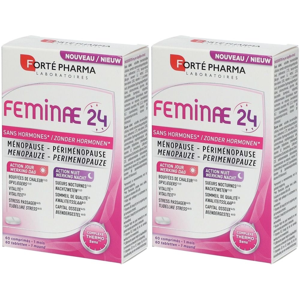 Deux boîtes de Feminae 24. Boîtes blanches avec des accents roses. Inscription : Forté Pharma, Feminae 24, sans hormones. Contient 60 comprimés.