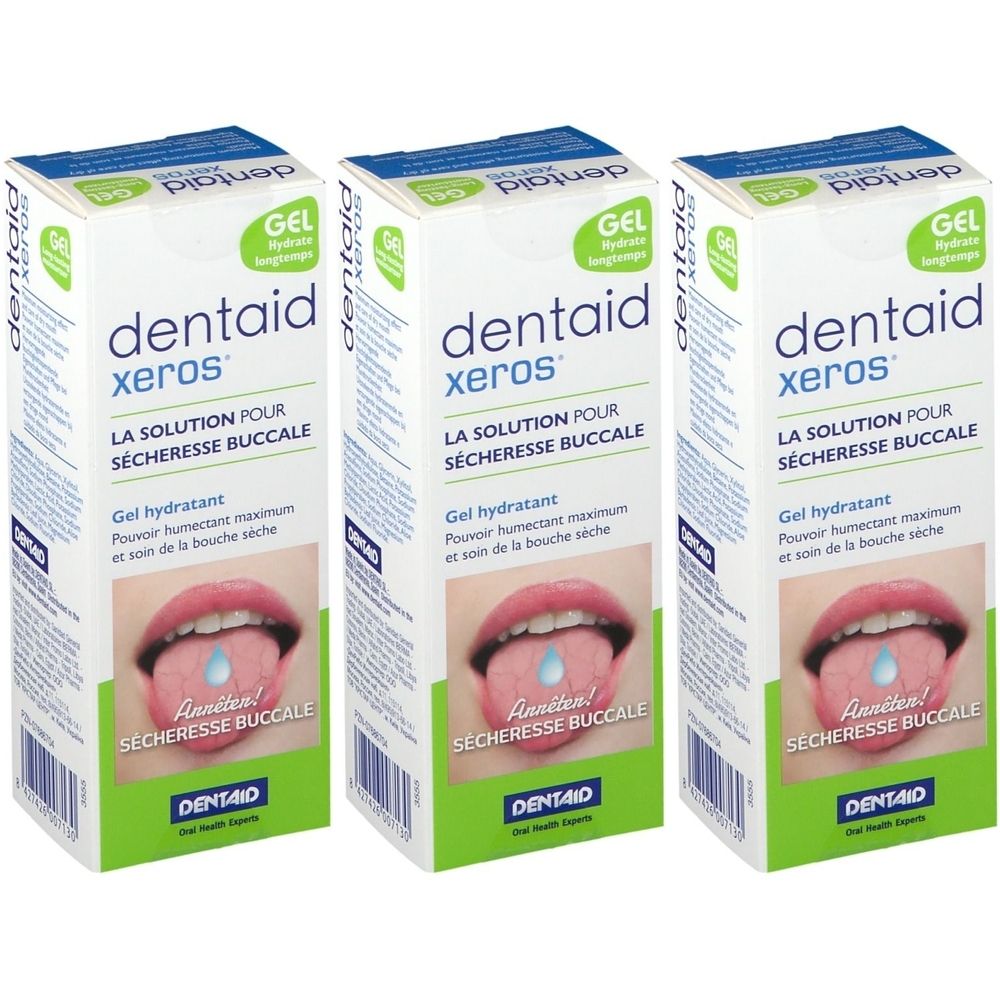 Trois boîtes de Dentaid Xeros Gel. Le nom de la marque et du produit sont indiqués sur chaque boîte. Une bouche est représentée sur le devant.