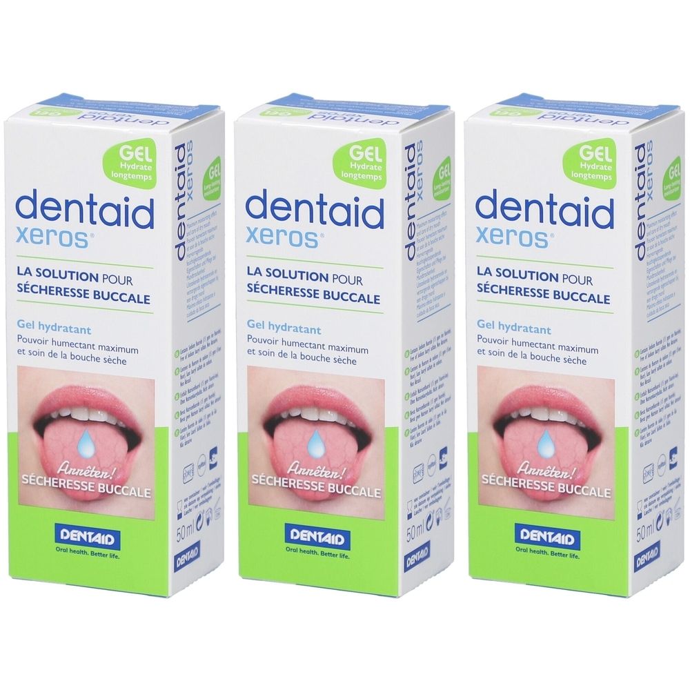 Drie dozen dentaid xeros Gel. Witte dozen met blauwe deksel en groene accenten. Opdruk: productnaam, afbeelding tong met druppel.